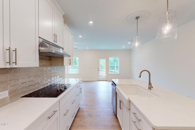 7117 Hubner Pl Unit 22, Cary, NC 27519 - kitchen featuring black electric stovetop, under cabinet range hood, light wood-type flooring, a center island with sink, and recessed lighting