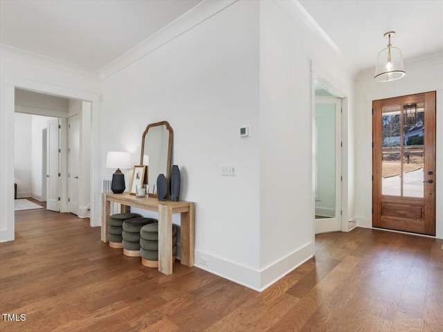 entrance foyer with ornamental molding and hardwood / wood-style floors