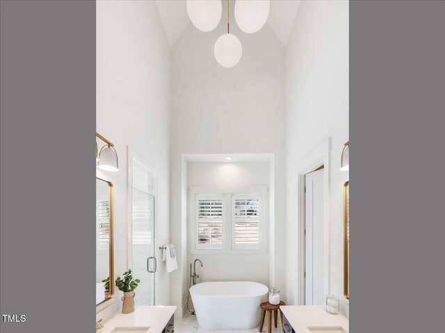 bathroom featuring vanity, a bath, and high vaulted ceiling