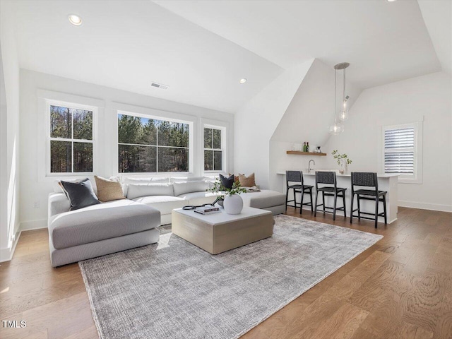 living room with light hardwood / wood-style floors and vaulted ceiling