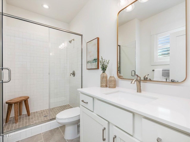 bathroom with tile patterned flooring, vanity, toilet, and an enclosed shower