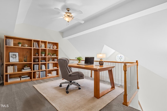 office area with lofted ceiling with beams and ceiling fan