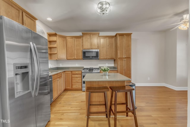 kitchen with open shelves, light wood-type flooring, a kitchen island, and stainless steel appliances