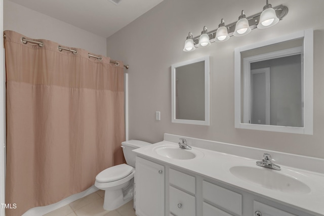 bathroom with tile patterned flooring, a sink, toilet, and double vanity