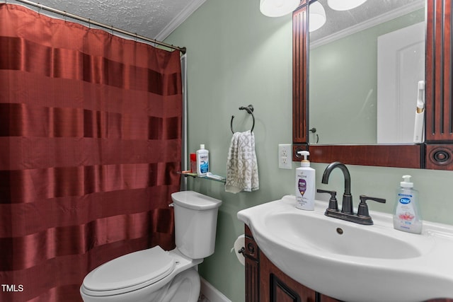1167 John D Winstead Rd, Roxboro, NC 27574 - bathroom featuring ornamental molding, a textured ceiling, toilet, a shower with shower curtain, and vanity