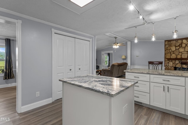 1167 John D Winstead Rd, Roxboro, NC 27574 - kitchen with a textured ceiling, dark wood-style floors, plenty of natural light, a center island, and white cabinets