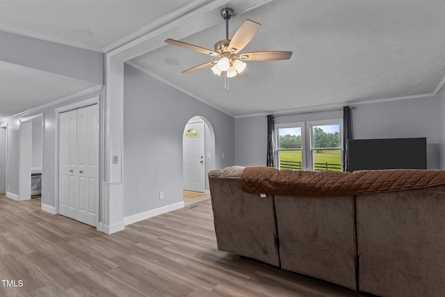 1167 John D Winstead Rd, Roxboro, NC 27574 - living area with ornamental molding, arched walkways, lofted ceiling, light wood-type flooring, and ceiling fan