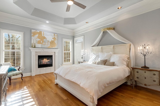 bedroom featuring a raised ceiling, light hardwood / wood-style floors, and multiple windows