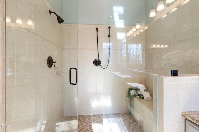 bathroom with a shower with shower door