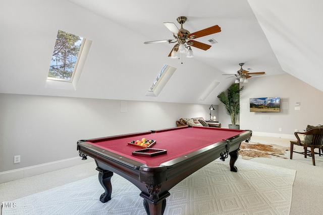 rec room with carpet floors, vaulted ceiling with skylight, and pool table