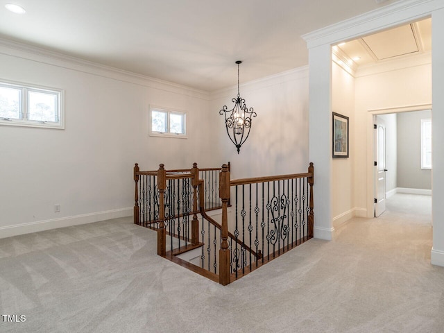 stairs with crown molding and carpet floors