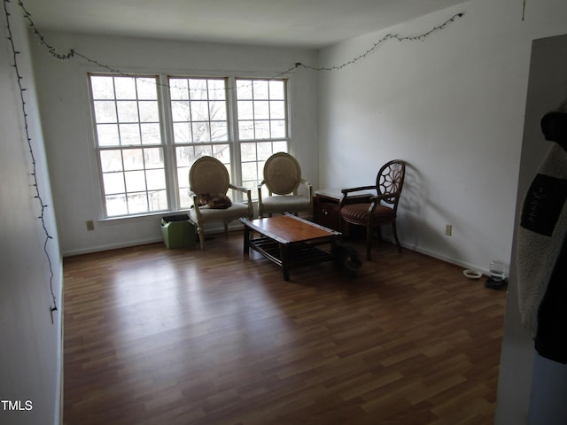 living area with baseboards and wood finished floors