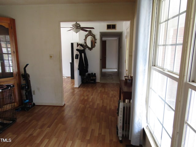 hallway featuring radiator heating unit, wood finished floors, and visible vents