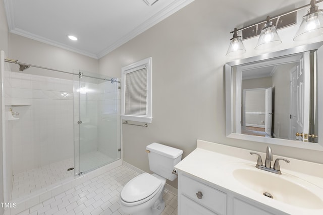 bathroom featuring tile patterned flooring, a stall shower, toilet, and crown molding