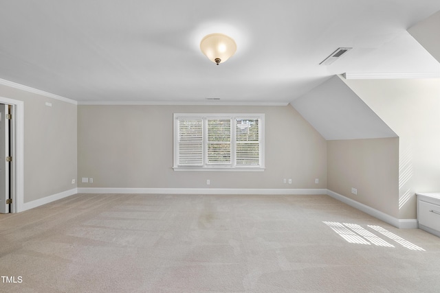 bonus room with visible vents, baseboards, and light carpet