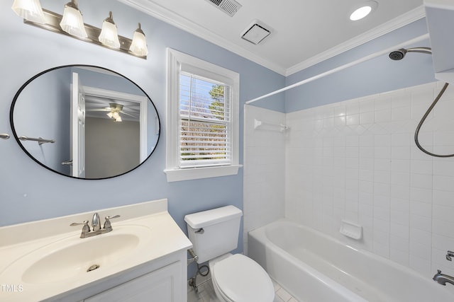 bathroom with visible vents, crown molding, shower / washtub combination, toilet, and vanity