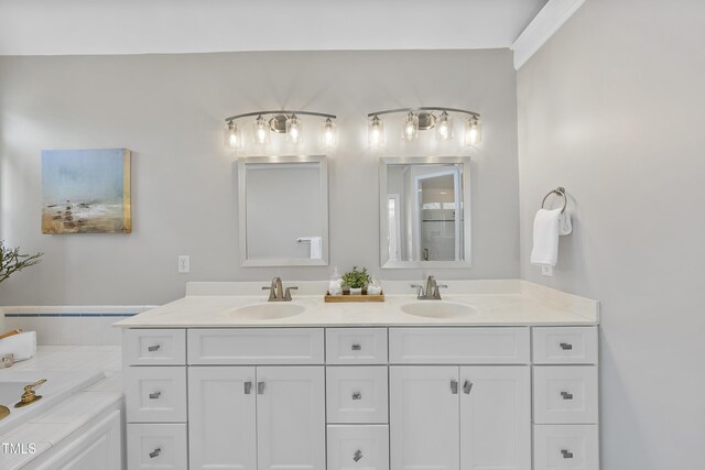 bathroom with a sink, a garden tub, and double vanity