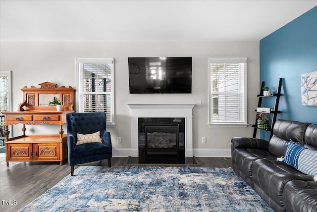 living room with dark wood-type flooring