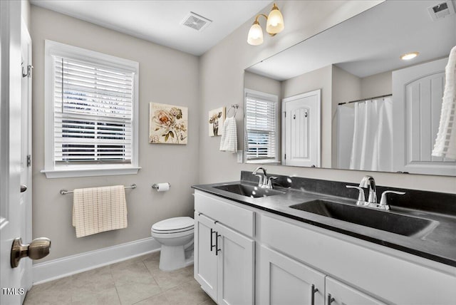 bathroom with vanity, toilet, and tile patterned flooring