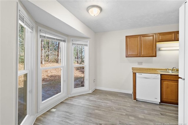 kitchen with dishwasher, a textured ceiling, light hardwood / wood-style flooring, and a wealth of natural light