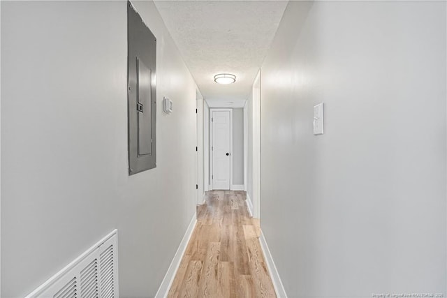 corridor featuring electric panel, a textured ceiling, and light wood-type flooring