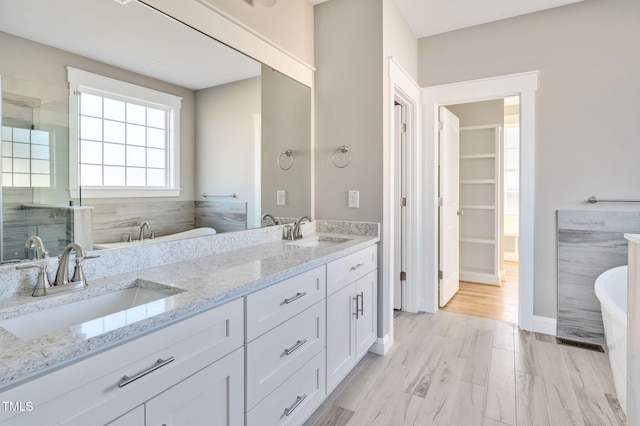 bathroom with vanity, hardwood / wood-style flooring, and plus walk in shower