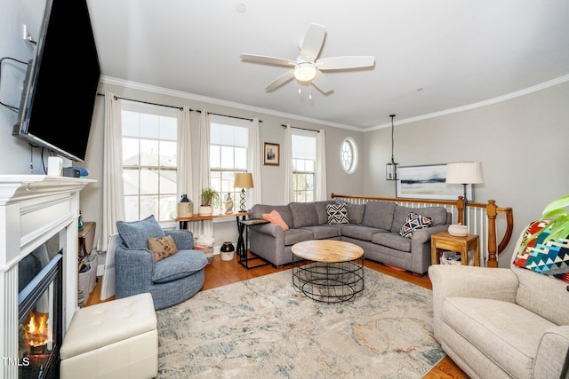 living area featuring light wood-style floors, ceiling fan, crown molding, and a glass covered fireplace