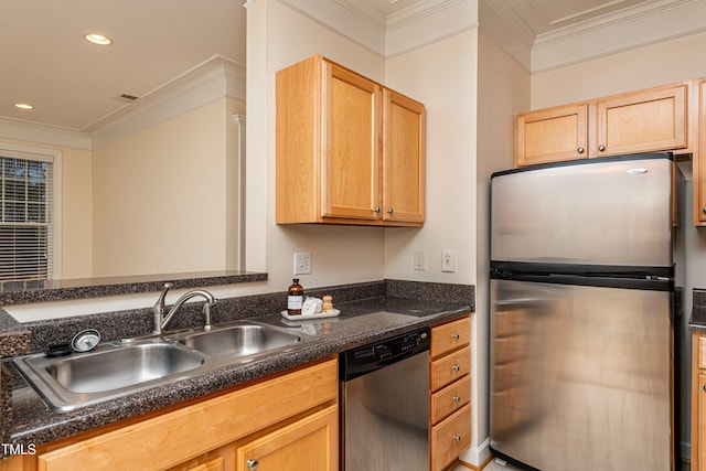 kitchen with stainless steel appliances, crown molding, sink, and light brown cabinetry