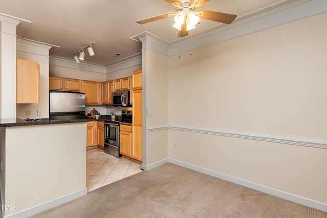 kitchen featuring rail lighting, light carpet, light brown cabinets, ornamental molding, and stainless steel appliances