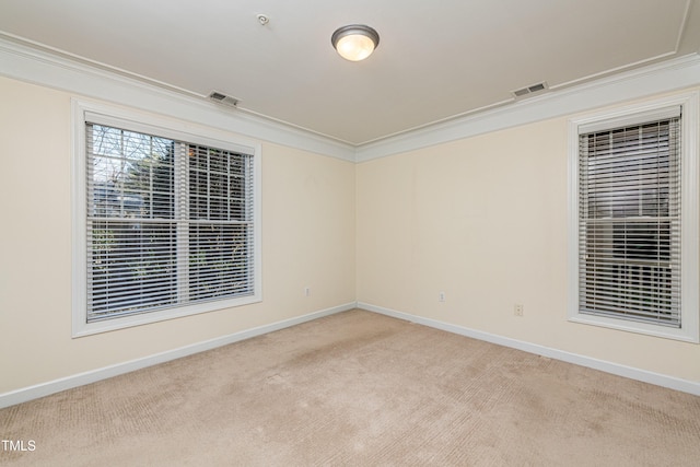 spare room with crown molding and light carpet