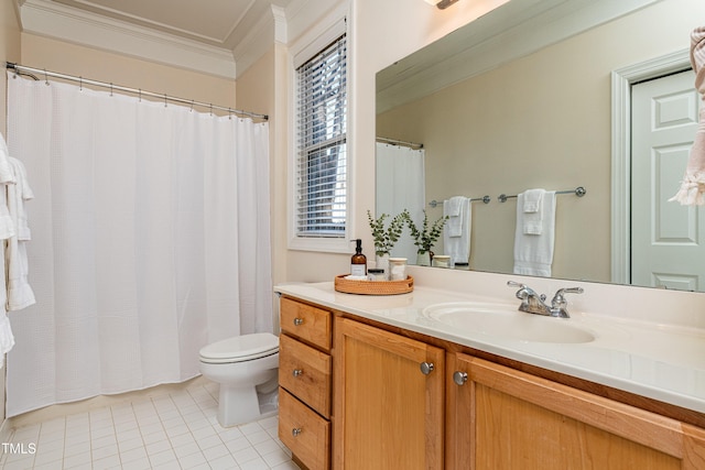 bathroom with vanity, tile patterned floors, ornamental molding, and toilet