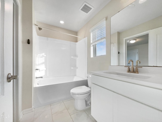 full bathroom featuring vanity, toilet, bathing tub / shower combination, and tile patterned flooring