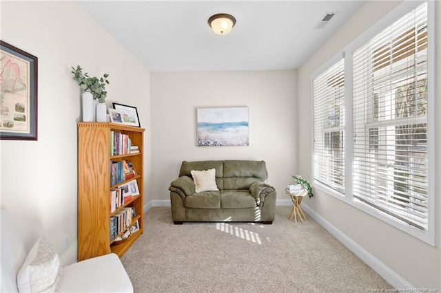 living area featuring carpet floors