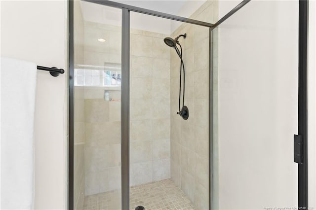 bathroom with a shower with shower door