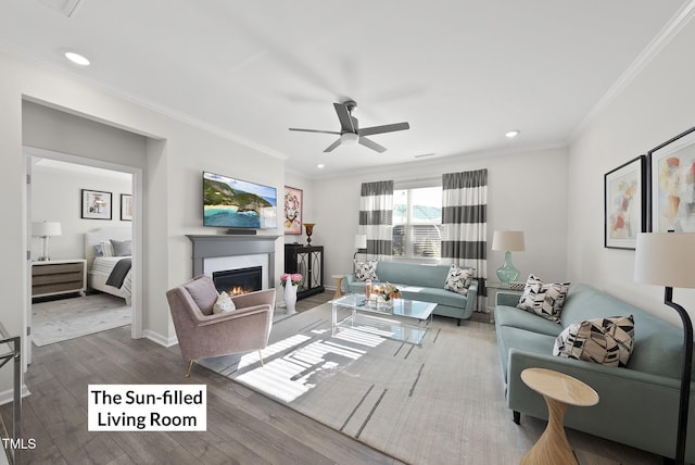 living room with wood-type flooring, ornamental molding, and ceiling fan