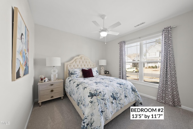 bedroom with ceiling fan and carpet flooring