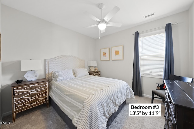 bedroom with ceiling fan and carpet flooring