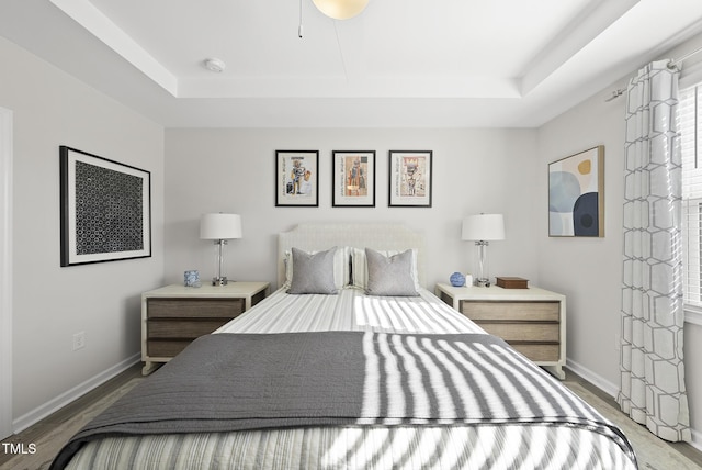 bedroom featuring hardwood / wood-style floors and a raised ceiling