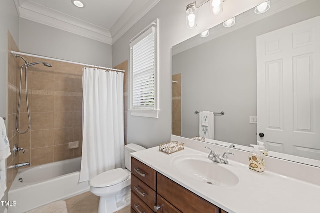 full bathroom with shower / tub combo, vanity, ornamental molding, tile patterned floors, and toilet