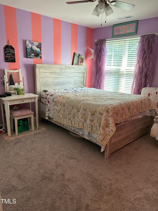 bedroom featuring carpet flooring and ceiling fan