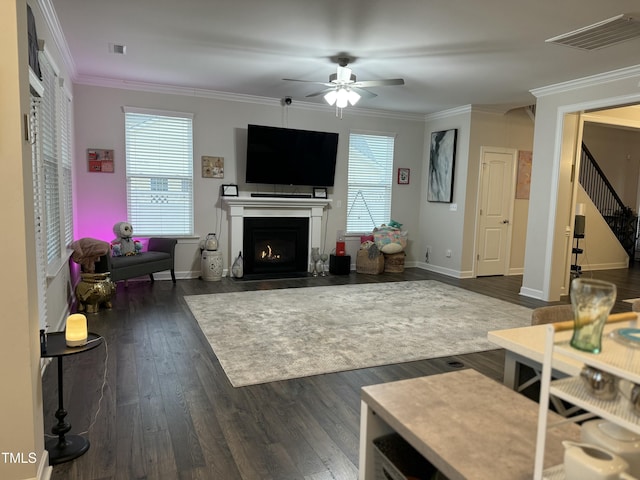 living area featuring a wealth of natural light, visible vents, dark wood finished floors, and crown molding