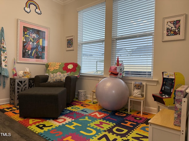 game room featuring baseboards and wood finished floors