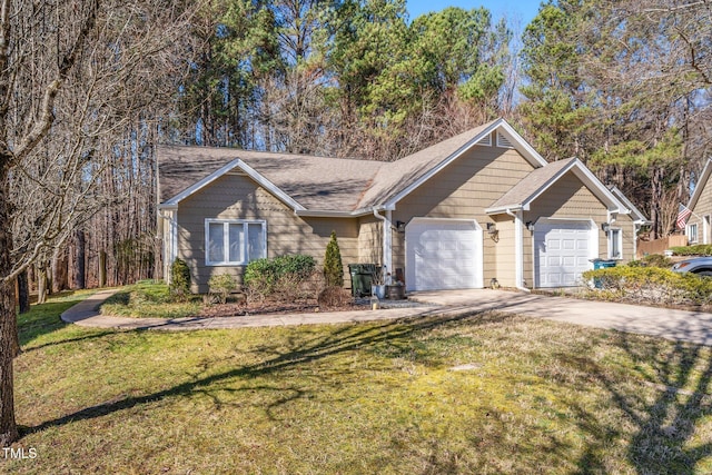 single story home featuring a garage and a front yard