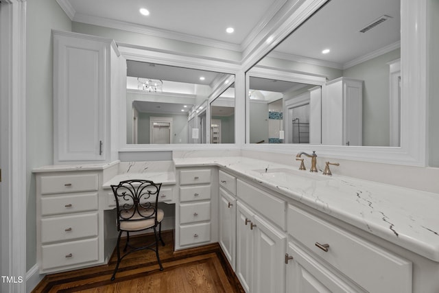 2035 Stuart Ct, Burlington, NC 27215 - full bath featuring vanity, wood finished floors, crown molding, and recessed lighting