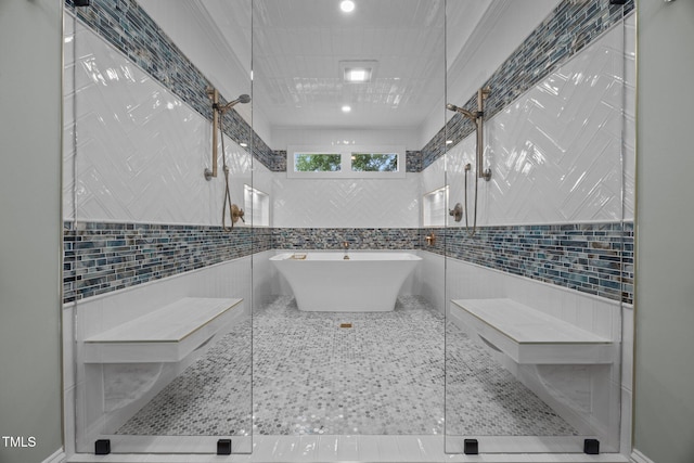 2035 Stuart Ct, Burlington, NC 27215 - full bathroom with tile walls, a tile shower, and a soaking tub