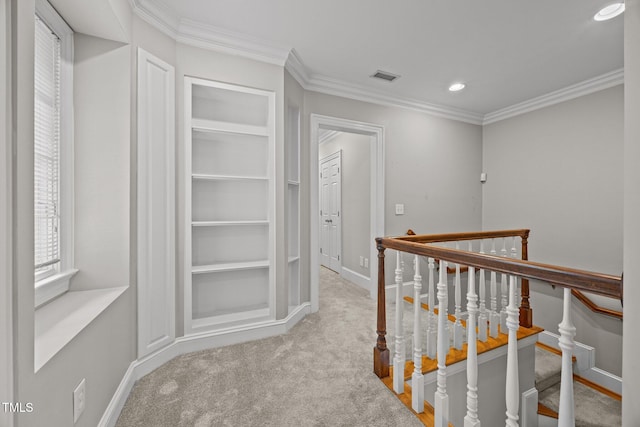 2035 Stuart Ct, Burlington, NC 27215 - corridor with an upstairs landing, crown molding, baseboards, built in features, and recessed lighting