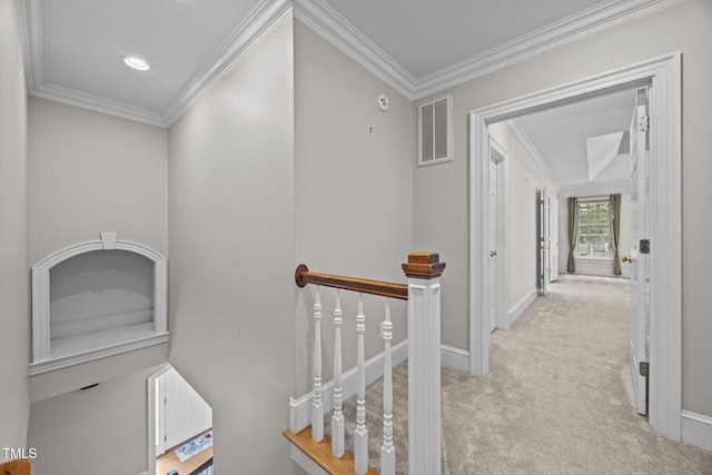 2035 Stuart Ct, Burlington, NC 27215 - corridor with carpet flooring, an upstairs landing, crown molding, and baseboards