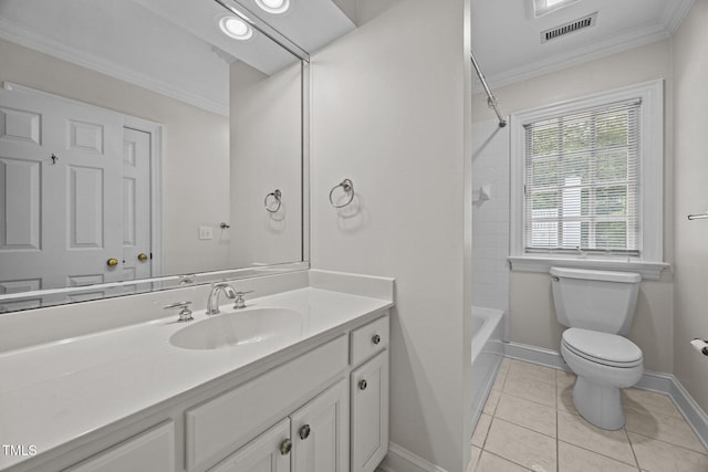 2035 Stuart Ct, Burlington, NC 27215 - bathroom featuring ornamental molding, vanity, toilet, baseboards, and bathing tub / shower combination
