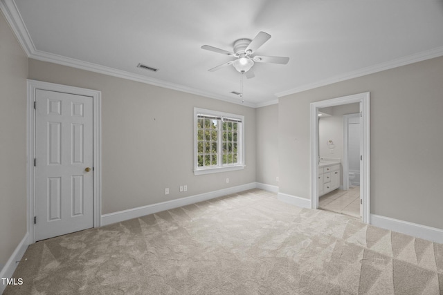 2035 Stuart Ct, Burlington, NC 27215 - unfurnished bedroom with crown molding, light carpet, baseboards, connected bathroom, and a ceiling fan