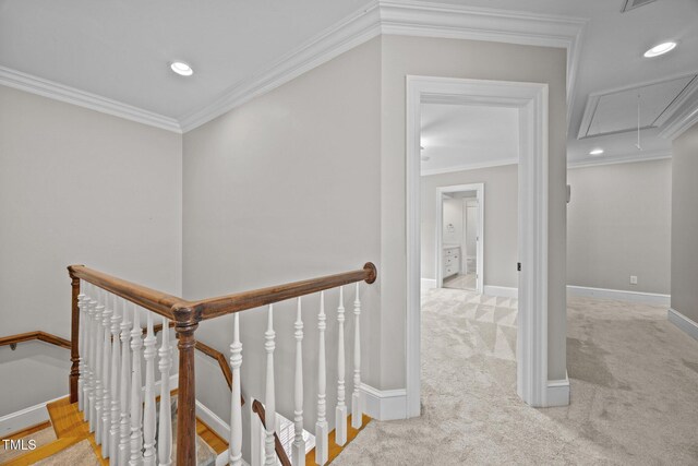 2035 Stuart Ct, Burlington, NC 27215 - hall with attic access, an upstairs landing, ornamental molding, light carpet, and recessed lighting